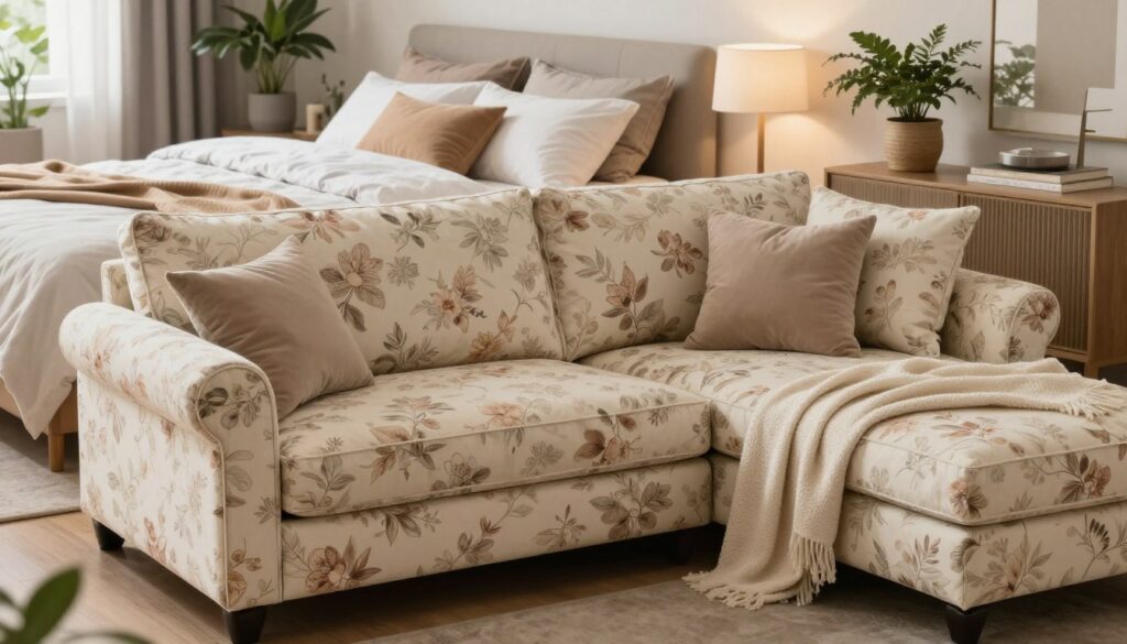 A stylish living room featuring a floral-patterned corner sofa arranged to showcase its function as a sleeping area. In the foreground, the sofa is adorned with elegant cushions and a light throw blanket to enhance comfort. The middle ground highlights a neatly made bed setup with plush bedding in soft, inviting colors, demonstrating the sofa's versatility. The background reveals tasteful decor with potted plants, adding a touch of nature. Soft, warm lighting creates a cozy atmosphere, emphasizing the sofa's inviting design. The scene is captured from an angle that highlights both the sofa and the overall ambiance of the room, creating a sense of style and practicality.