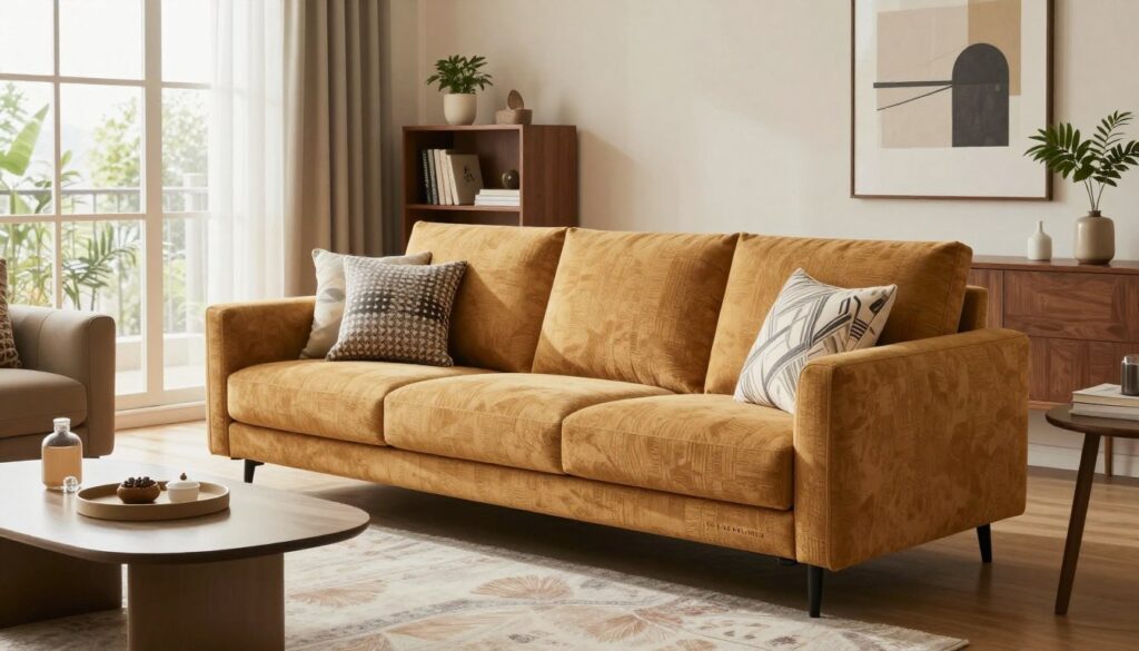 A stylish living room featuring a luxurious Narożnik Befame sofa, showcasing its elegant design and comfortable seating. The sofa is positioned in the foreground, upholstered in a warm, textured fabric with modern patterns. Surrounding it, a chic coffee table and decorative cushions enhance the inviting atmosphere. The middle section includes a small bookshelf and a tasteful rug, perfectly complementing the sofa’s color scheme. In the background, large windows allow soft, natural light to flood the room, highlighting the inviting ambiance. The walls are adorned with contemporary art, and plants add a touch of freshness to the space. The overall mood is cozy and stylish, ideal for entertaining guests or relaxing with family. The angle captures the essence of harmonious interior design, emphasizing functionality and aesthetics.