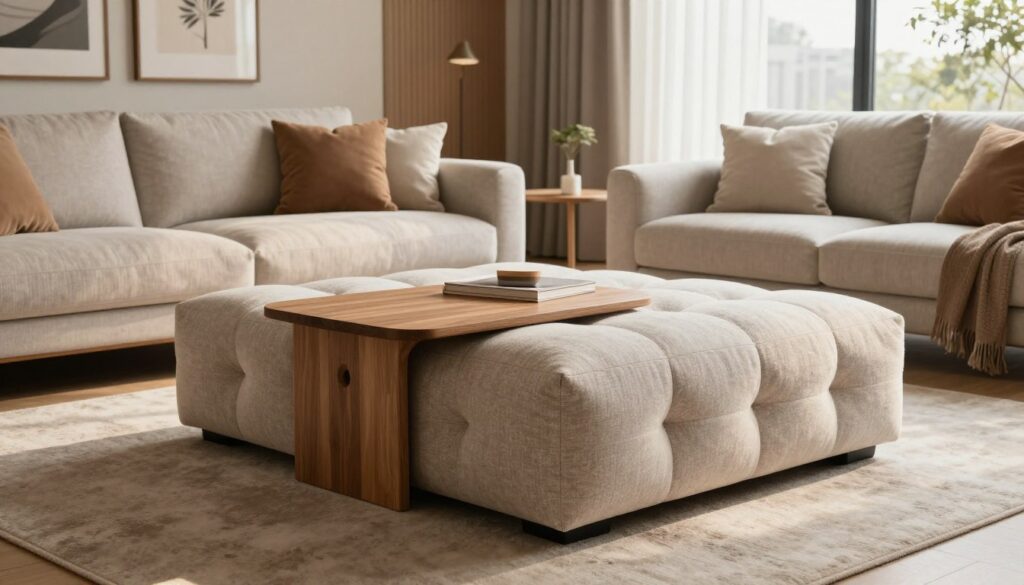 A stylish living room featuring a modern "pufy" with an attached coffee table. In the foreground, the pufy is upholstered in a soft, textured fabric, complementing a chic coffee table made of sleek wood. The middle ground showcases a cozy sofa with plush cushions and throw pillows, arranged invitingly near the pufy. The background reveals a well-decorated room with artwork on the walls, a soft rug underfoot, and floor-to-ceiling windows letting in warm, natural light. The atmosphere is inviting and serene, ideal for relaxation. The camera angle captures the pufy and sofa interaction harmoniously, emphasizing their practicality as a solution for stylish living spaces. Soft shadows add depth and warmth to the scene. A stylish living room featuring a modern "pufy" with an attached coffee table. In the foreground, the pufy is upholstered in a soft, textured fabric, complementing a chic coffee table made of sleek wood. The middle ground showcases a cozy sofa with plush cushions and throw pillows, arranged invitingly near the pufy. The background reveals a well-decorated room with artwork on the walls, a soft rug underfoot, and floor-to-ceiling windows letting in warm, natural light. The atmosphere is inviting and serene, ideal for relaxation. The camera angle captures the pufy and sofa interaction harmoniously, emphasizing their practicality as a solution for stylish living spaces. Soft shadows add depth and warmth to the scene.