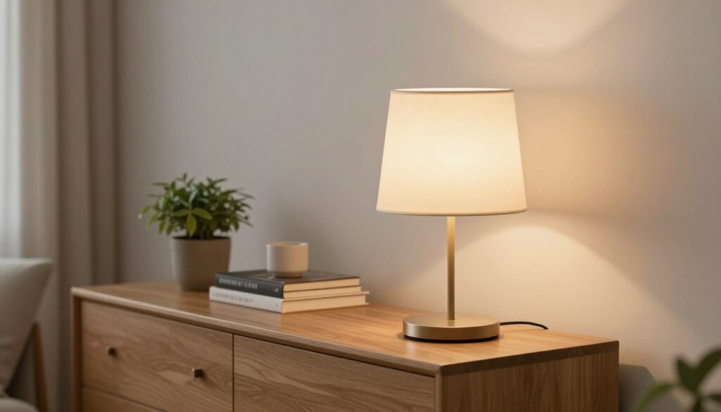 A stylish living room scene featuring a modern lamp on a chic dresser. The foreground showcases a sleek, contemporary lamp with a soft, warm glow, elegantly illuminating its surrounding area. The lamp is placed on a minimalist wooden dresser adorned with tasteful decorative items such as a small potted plant and a few art books neatly stacked. In the middle, the dresser stands against a light-colored wall, creating a harmonious balance. The background includes soft, neutral curtains and a hint of cozy furniture, enhancing the inviting atmosphere. The overall lighting is soft and warm, suggesting an afternoon ambiance, inviting relaxation and comfort in the setting. The image should evoke a light and cohesive visual aesthetic, perfect for a sophisticated living space. A stylish living room scene featuring a modern lamp on a chic dresser. The foreground showcases a sleek, contemporary lamp with a soft, warm glow, elegantly illuminating its surrounding area. The lamp is placed on a minimalist wooden dresser adorned with tasteful decorative items such as a small potted plant and a few art books neatly stacked. In the middle, the dresser stands against a light-colored wall, creating a harmonious balance. The background includes soft, neutral curtains and a hint of cozy furniture, enhancing the inviting atmosphere. The overall lighting is soft and warm, suggesting an afternoon ambiance, inviting relaxation and comfort in the setting. The image should evoke a light and cohesive visual aesthetic, perfect for a sophisticated living space.