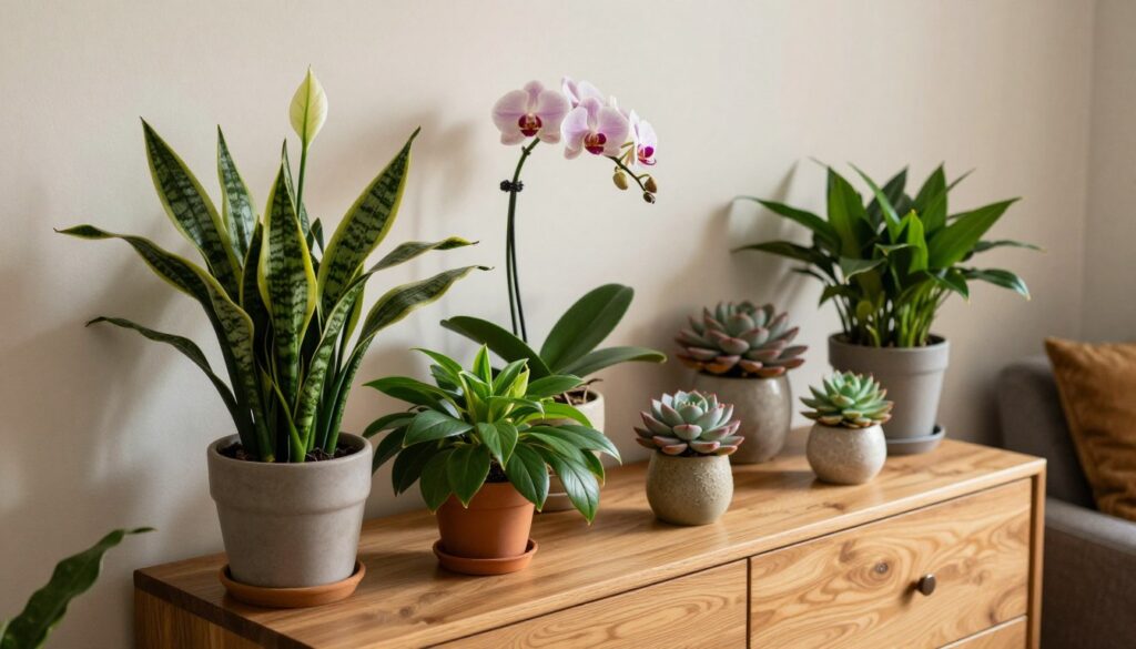 A stylish living room scene featuring a wooden commode adorned with various lush green plants and vibrant flowers. In the foreground, potted plants like peace lilies and snake plants, with rich leaves, create a feeling of freshness. The middle ground showcases a delicate arrangement of blooming orchids and colorful succulents, artfully placed to evoke a sense of lightness. In the background, a softly lit room with neutral-toned walls and cozy decor enhances the serene atmosphere. Use warm, natural lighting to create gentle shadows, captured from a slightly elevated angle to showcase the entire composition gracefully. The overall mood is inviting and tranquil, embodying the essence of harmony and balance in home decor. A stylish living room scene featuring a wooden commode adorned with various lush green plants and vibrant flowers. In the foreground, potted plants like peace lilies and snake plants, with rich leaves, create a feeling of freshness. The middle ground showcases a delicate arrangement of blooming orchids and colorful succulents, artfully placed to evoke a sense of lightness. In the background, a softly lit room with neutral-toned walls and cozy decor enhances the serene atmosphere. Use warm, natural lighting to create gentle shadows, captured from a slightly elevated angle to showcase the entire composition gracefully. The overall mood is inviting and tranquil, embodying the essence of harmony and balance in home decor.