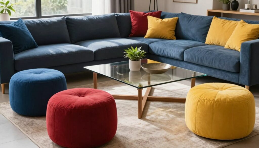 A stylish living room scene showcasing a beautifully designed set of poufs paired with a coffee table, arranged harmoniously beside a modern sectional sofa. The poufs are upholstered in a variety of vibrant colors—deep blues, rich reds, and sunny yellows—adding warmth and liveliness to the space. The coffee table is sleek and minimalist, made of glass and wood, with a few decorative items on it, like a potted plant and a decorative bowl. Soft, natural light streams in through a large window, casting gentle shadows and enhancing the inviting atmosphere. The camera angle is slightly elevated, capturing the cozy arrangement while emphasizing the complementary colors and textures, creating an inspiring ambiance for interior design enthusiasts. A stylish living room scene showcasing a beautifully designed set of poufs paired with a coffee table, arranged harmoniously beside a modern sectional sofa. The poufs are upholstered in a variety of vibrant colors—deep blues, rich reds, and sunny yellows—adding warmth and liveliness to the space. The coffee table is sleek and minimalist, made of glass and wood, with a few decorative items on it, like a potted plant and a decorative bowl. Soft, natural light streams in through a large window, casting gentle shadows and enhancing the inviting atmosphere. The camera angle is slightly elevated, capturing the cozy arrangement while emphasizing the complementary colors and textures, creating an inspiring ambiance for interior design enthusiasts.