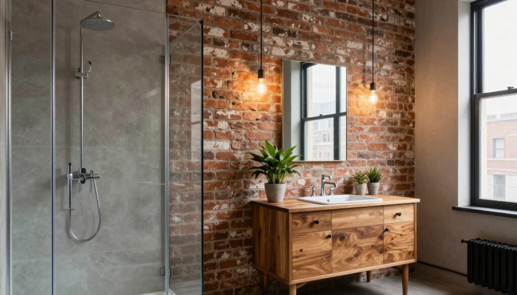 A stylish loft bathroom featuring a prominent brick wall, stylishly distressed for an authentic industrial look. The foreground includes a sleek glass shower enclosure with a modern, minimalist design, reflecting elegant chrome fixtures. In the middle, an antique wooden vanity complements the rugged brick, adorned with potted plants to contrast the hard materials. Soft, ambient lighting from exposed bulbs casts a warm glow, enhancing the brick's texture and creating a cozy atmosphere. In the background, large windows allow natural light to flood in, showcasing hints of urban city life outside. The overall mood is both contemporary and inviting, perfect for a loft space while showcasing effective moisture protection for the brick wall. A stylish loft bathroom featuring a prominent brick wall, stylishly distressed for an authentic industrial look. The foreground includes a sleek glass shower enclosure with a modern, minimalist design, reflecting elegant chrome fixtures. In the middle, an antique wooden vanity complements the rugged brick, adorned with potted plants to contrast the hard materials. Soft, ambient lighting from exposed bulbs casts a warm glow, enhancing the brick's texture and creating a cozy atmosphere. In the background, large windows allow natural light to flood in, showcasing hints of urban city life outside. The overall mood is both contemporary and inviting, perfect for a loft space while showcasing effective moisture protection for the brick wall.