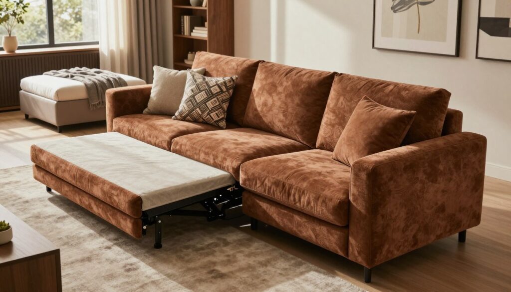 A stylish, modern living room featuring a spacious corner sofa equipped with a pull-out bed, illustrating its functionality for daily use. The sofa, upholstered in a rich, textured fabric, is positioned comfortably in the foreground. In the middle ground, a decorative throw and plush cushions add a touch of comfort, while a sleek, minimalistic storage ottoman for bedding sits nearby. The background reveals a softly lit, inviting atmosphere, with warm, natural light streaming through large windows, casting gentle shadows. The overall mood is cozy and welcoming, perfect for family gatherings or relaxing evenings. The scene is captured with a wide-angle lens, emphasizing the spacious layout and elegant decor.