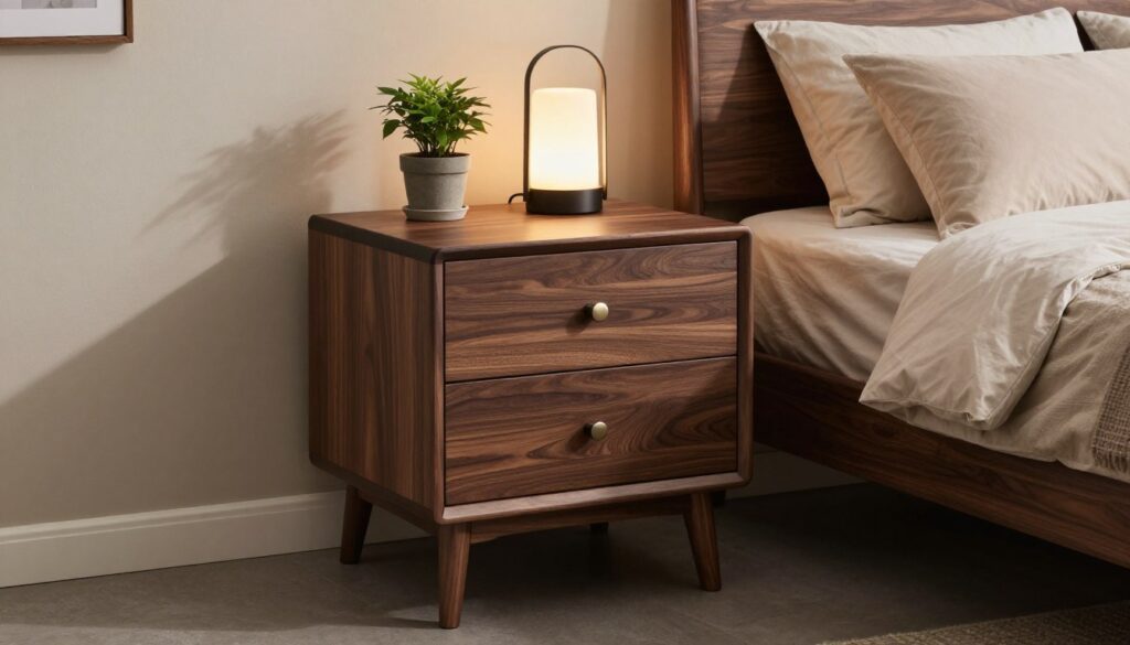 A stylish nightstand in rich wenge wood, elegantly showcasing its deep, dark finish and smooth, sleek lines. It features two spacious drawers, adorned with minimalist metallic handles, positioned alongside a beautifully made bed with a plush, neutral-toned duvet and cozy pillows. The setting is a serene bedroom, with soft, ambient lighting casting gentle shadows, enhancing the warmth of the wood. A small potted plant sits on top of the nightstand, adding a touch of greenery, while an artful lamp emits a warm glow. The background includes a tastefully decorated wall and subtle decorative elements that complement the wenge piece, creating a harmonious and inviting atmosphere perfect for modern and contemporary bedroom styles. A stylish nightstand in rich wenge wood, elegantly showcasing its deep, dark finish and smooth, sleek lines. It features two spacious drawers, adorned with minimalist metallic handles, positioned alongside a beautifully made bed with a plush, neutral-toned duvet and cozy pillows. The setting is a serene bedroom, with soft, ambient lighting casting gentle shadows, enhancing the warmth of the wood. A small potted plant sits on top of the nightstand, adding a touch of greenery, while an artful lamp emits a warm glow. The background includes a tastefully decorated wall and subtle decorative elements that complement the wenge piece, creating a harmonious and inviting atmosphere perfect for modern and contemporary bedroom styles.