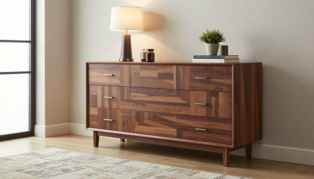 A stylish, original komoda (dresser) displayed prominently in a minimalist living room setting. The komoda, made of rich, dark wood with unique geometric patterns, features sleek metal handles and soft-close drawers, showcasing an elegant blend of modern and classic design. In the foreground, a plush area rug in muted tones complements the komoda's natural finish. The middle ground captures a stylish lamp on top of the komoda, along with tasteful decorative items like potted plants and books. The background features a soothing palette of light-colored walls and a large window letting in soft, natural light, creating a warm and inviting atmosphere. The overall mood is sophisticated yet cozy, ideal for a contemporary living space.