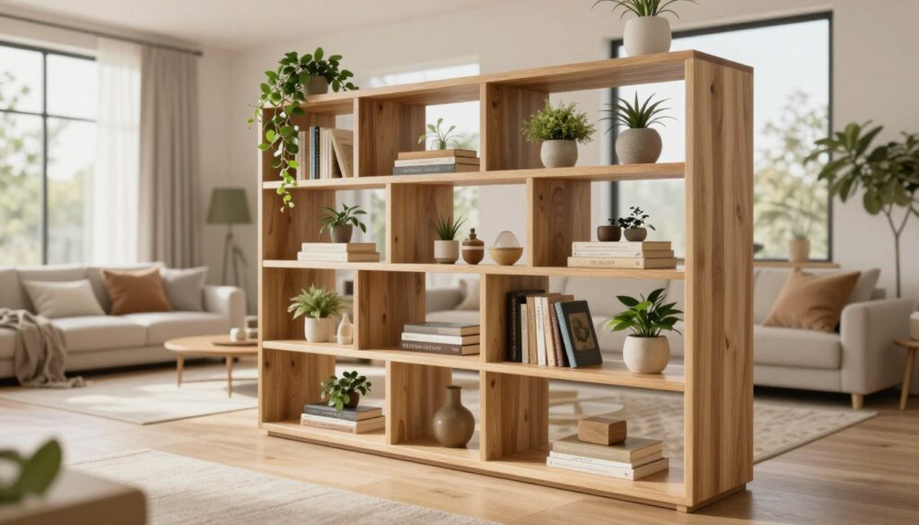 A stylish "półka schody" bookshelf, designed with elegant, cascading shelves in a light wood finish, captures attention in a modern living room. In the foreground, the bookshelf showcases an array of decorative plants and minimalist decor items, emphasizing a sense of openness. The middle ground reveals a cozy seating area with soft cushions and a light rug, enhancing the airy ambiance. In the background, large windows allow natural light to fill the space, creating a warm and inviting atmosphere. The scene is captured from a slightly elevated angle, ensuring a clear view of the bookshelf’s unique structure. Soft, diffused lighting enhances the textures of the wood and the greenery, contributing to a fresh, serene mood that embodies lightness and sophistication.
