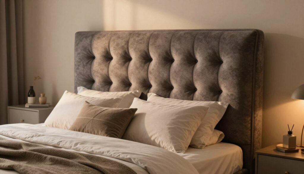 A stylish upholstered headboard against a softly lit bedroom backdrop, featuring rich textures and colors. The headboard, elegantly designed with tufted fabric and plush padding, captures attention in the foreground. Surrounding the headboard, a serene bedroom environment showcases a neatly made bed with decorative pillows, cozy blankets, and warm, inviting lighting that enhances the ambiance. In the background, a soft-focus image of a nightstand with minimal decor elements complements the scene. The overall mood is calm and sophisticated, inviting viewers to imagine how a custom upholstered headboard could enhance comfort and character in a bedroom. The angle is slightly elevated, providing a comprehensive view of the headboard's details and the inviting bedroom atmosphere. A stylish upholstered headboard against a softly lit bedroom backdrop, featuring rich textures and colors. The headboard, elegantly designed with tufted fabric and plush padding, captures attention in the foreground. Surrounding the headboard, a serene bedroom environment showcases a neatly made bed with decorative pillows, cozy blankets, and warm, inviting lighting that enhances the ambiance. In the background, a soft-focus image of a nightstand with minimal decor elements complements the scene. The overall mood is calm and sophisticated, inviting viewers to imagine how a custom upholstered headboard could enhance comfort and character in a bedroom. The angle is slightly elevated, providing a comprehensive view of the headboard's details and the inviting bedroom atmosphere.