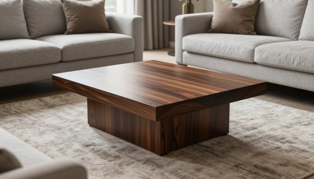 A stylish wenge coffee table as the focal point, elegantly positioned in a modern living room. The table features clean, geometric lines and a polished finish that reflects soft, ambient light. Surrounding it are complementary furnishings, such as a light gray couch, a textured area rug, and decorative pillows in subtle earth tones, creating a harmonious color palette. In the background, a large window allows natural light to flood the room, enhancing the warm atmosphere. Captured from a slightly elevated angle, this image emphasizes the table's craftsmanship while showcasing its compatibility with contemporary decor. The mood is inviting and sophisticated, perfect for a stylish living space. A stylish wenge coffee table as the focal point, elegantly positioned in a modern living room. The table features clean, geometric lines and a polished finish that reflects soft, ambient light. Surrounding it are complementary furnishings, such as a light gray couch, a textured area rug, and decorative pillows in subtle earth tones, creating a harmonious color palette. In the background, a large window allows natural light to flood the room, enhancing the warm atmosphere. Captured from a slightly elevated angle, this image emphasizes the table's craftsmanship while showcasing its compatibility with contemporary decor. The mood is inviting and sophisticated, perfect for a stylish living space.
