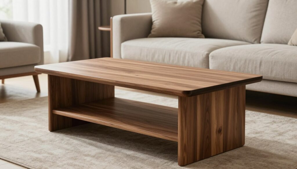 A stylish wooden coffee table featuring lamellae design, elegantly positioned in a modern living room. The foreground showcases the table with a smooth, polished surface and a lower shelf, highlighting the craftsmanship. In the middle ground, a cozy sofa complements the table, adorned with neutral-colored cushions that create a warm atmosphere. The background features soft, natural light filtering through sheer curtains, enhancing the inviting ambiance of the space. The scene captures a balanced composition, emphasizing functionality and design, with attention to details such as the grain of the wood and the texture of the fabrics. Ideal for illustrating product parameters and functionality in a harmonious setting, the overall mood is calm and sophisticated, reflecting contemporary interior design aesthetics.