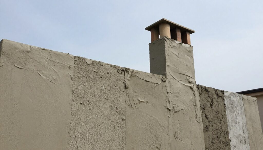 A textured wall showcasing various types of cement plaster (tynk cementowy) suitable for chimney applications. In the foreground, display different styles of cement finishes: smooth, rough, and patterned, emphasizing their durability and resistance to temperature variations. In the middle ground, place a partially constructed chimney, highlighting the plaster being applied. The background features a clear sky, hinting at weather conditions such as rain or frost, to symbolize resistance to harsh elements. The lighting is soft and natural, illuminating the textures while creating a professional and informative atmosphere. Capture this scene with a wide-angle lens to provide a comprehensive view, ensuring the image conveys the essential qualities of cement plaster for chimneys without any distractions. A textured wall showcasing various types of cement plaster (tynk cementowy) suitable for chimney applications. In the foreground, display different styles of cement finishes: smooth, rough, and patterned, emphasizing their durability and resistance to temperature variations. In the middle ground, place a partially constructed chimney, highlighting the plaster being applied. The background features a clear sky, hinting at weather conditions such as rain or frost, to symbolize resistance to harsh elements. The lighting is soft and natural, illuminating the textures while creating a professional and informative atmosphere. Capture this scene with a wide-angle lens to provide a comprehensive view, ensuring the image conveys the essential qualities of cement plaster for chimneys without any distractions.