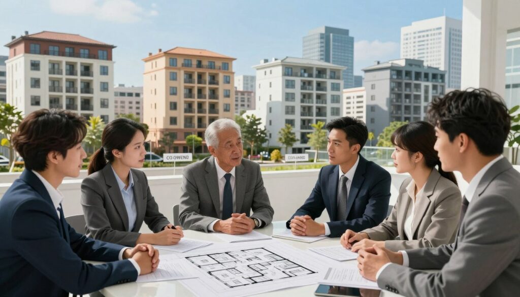 A vibrant and informative scene illustrating various forms of property ownership in the context of apartments. In the foreground, showcase a diverse group of professionals in business attire engaged in discussions over architectural plans and property documents on a sleek modern table. In the middle ground, depict a visually appealing layout of different apartment types—some residential units, others co-owned or managed properties—each clearly marked with simplified labels. In the background, illustrate a bright and welcoming urban skyline with contemporary buildings, bathed in soft daylight, highlighting a clear blue sky. Utilize a wide-angle lens to capture the entirety of the space, creating an engaging atmosphere that encourages collaboration and informed decision-making regarding property ownership.