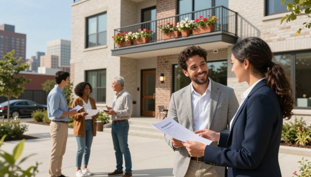 A vibrant, modern co-op residential building with a welcoming façade, featuring large windows and a balcony adorned with flower pots, symbolizing home ownership. In the foreground, a professional female real estate agent in business attire is discussing property options with a couple standing nearby, reviewing documents. The middle ground showcases a diverse group of residents exchanging information about their co-op ownership experience, illustrating community engagement. The background includes a skyline of a bustling city with clear blue skies, representing urban living and opportunities. Soft natural lighting enhances the warm atmosphere, evoking a sense of collaboration and optimism about real estate investments. The image captures the essence of co-operative housing rights and their impact on buying, selling, and financing properties. A vibrant, modern co-op residential building with a welcoming façade, featuring large windows and a balcony adorned with flower pots, symbolizing home ownership. In the foreground, a professional female real estate agent in business attire is discussing property options with a couple standing nearby, reviewing documents. The middle ground showcases a diverse group of residents exchanging information about their co-op ownership experience, illustrating community engagement. The background includes a skyline of a bustling city with clear blue skies, representing urban living and opportunities. Soft natural lighting enhances the warm atmosphere, evoking a sense of collaboration and optimism about real estate investments. The image captures the essence of co-operative housing rights and their impact on buying, selling, and financing properties.