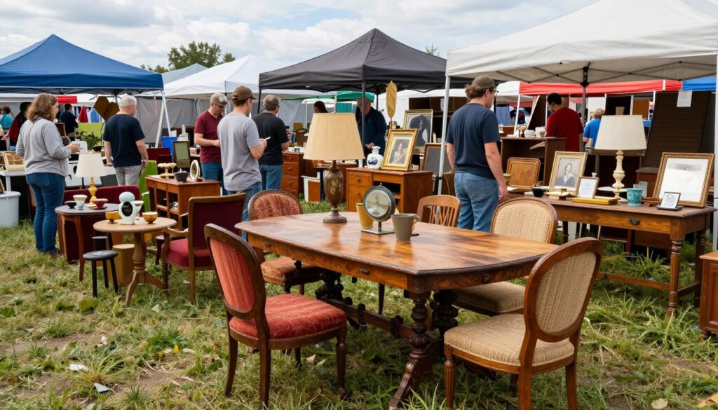 A vibrant scene at an outdoor antique fair, showcasing an array of vintage furniture pieces from the PRL era. In the foreground, a beautifully restored wooden dining table with intricately carved legs, surrounded by retro chairs featuring bold upholstery patterns. There are charming small tables and unique decor items scattered about, drawing the eye. In the middle ground, vendors in modest casual clothing are engaging with potential buyers, discussing prices and history of the pieces. The background features colorful tents providing shade, with a blue sky overhead and soft natural lighting that creates a warm, inviting atmosphere. Emphasize a lively and bustling ambiance, capturing the spirit of discovering hidden treasures in a market setting. A vibrant scene at an outdoor antique fair, showcasing an array of vintage furniture pieces from the PRL era. In the foreground, a beautifully restored wooden dining table with intricately carved legs, surrounded by retro chairs featuring bold upholstery patterns. There are charming small tables and unique decor items scattered about, drawing the eye. In the middle ground, vendors in modest casual clothing are engaging with potential buyers, discussing prices and history of the pieces. The background features colorful tents providing shade, with a blue sky overhead and soft natural lighting that creates a warm, inviting atmosphere. Emphasize a lively and bustling ambiance, capturing the spirit of discovering hidden treasures in a market setting.