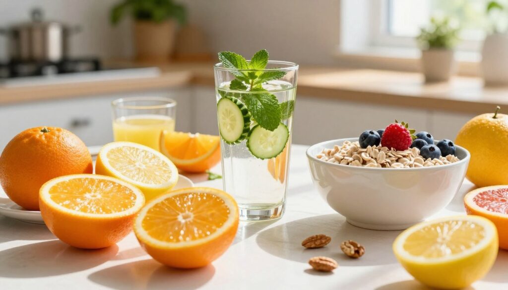 A vibrant scene showcasing energy and vitality, centered on a healthy breakfast table overflowing with colorful fruits, nuts, and hydrating beverages. In the foreground, an assortment of citrus fruits creates an eye-catching contrast, with slices of orange and lemon glistening in the sunlight. The middle ground features a glass of refreshing water infused with mint and cucumber, alongside a bowl of oatmeal topped with berries. Natural sunlight streams from the right, casting soft shadows and enhancing the freshness of the food. In the background, a hint of a sunny kitchen with green houseplants adds a nurturing atmosphere. The overall mood is invigorating, emphasizing a balanced diet and hydration as key elements to maintain energy without a crash. The composition is bright and uplifting, inviting viewers to embrace healthy choices. A vibrant scene showcasing energy and vitality, centered on a healthy breakfast table overflowing with colorful fruits, nuts, and hydrating beverages. In the foreground, an assortment of citrus fruits creates an eye-catching contrast, with slices of orange and lemon glistening in the sunlight. The middle ground features a glass of refreshing water infused with mint and cucumber, alongside a bowl of oatmeal topped with berries. Natural sunlight streams from the right, casting soft shadows and enhancing the freshness of the food. In the background, a hint of a sunny kitchen with green houseplants adds a nurturing atmosphere. The overall mood is invigorating, emphasizing a balanced diet and hydration as key elements to maintain energy without a crash. The composition is bright and uplifting, inviting viewers to embrace healthy choices.