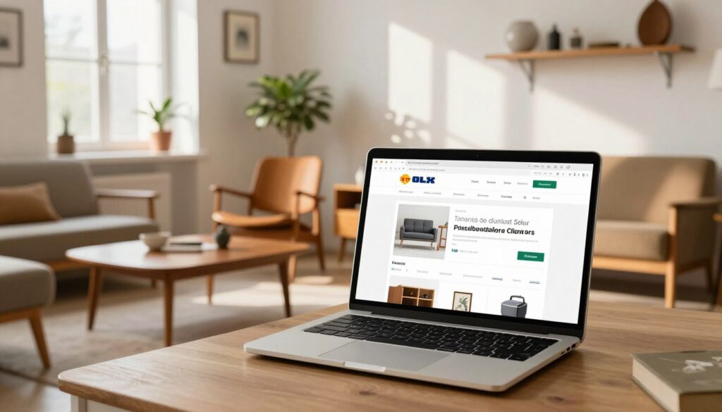 A visually engaging scene depicting an online marketplace for selling PRL-era furniture, with a clean and organized digital workspace in the foreground. Show a laptop or tablet displaying popular Polish e-commerce platforms like OLX and Allegro, surrounded by vintage furniture pieces such as a mid-century wooden chair and a classic coffee table. In the middle ground, include a bright, inviting room filled with natural light coming from a nearby window, casting soft shadows on the walls. In the background, there are shelves with decorative items and a plant to add a touch of homeliness. The atmosphere is lively yet professional, emphasizing a sense of opportunity and ease in online selling. Use warm lighting to create an inviting mood. Avoid any text or branding elements in the image. A visually engaging scene depicting an online marketplace for selling PRL-era furniture, with a clean and organized digital workspace in the foreground. Show a laptop or tablet displaying popular Polish e-commerce platforms like OLX and Allegro, surrounded by vintage furniture pieces such as a mid-century wooden chair and a classic coffee table. In the middle ground, include a bright, inviting room filled with natural light coming from a nearby window, casting soft shadows on the walls. In the background, there are shelves with decorative items and a plant to add a touch of homeliness. The atmosphere is lively yet professional, emphasizing a sense of opportunity and ease in online selling. Use warm lighting to create an inviting mood. Avoid any text or branding elements in the image.