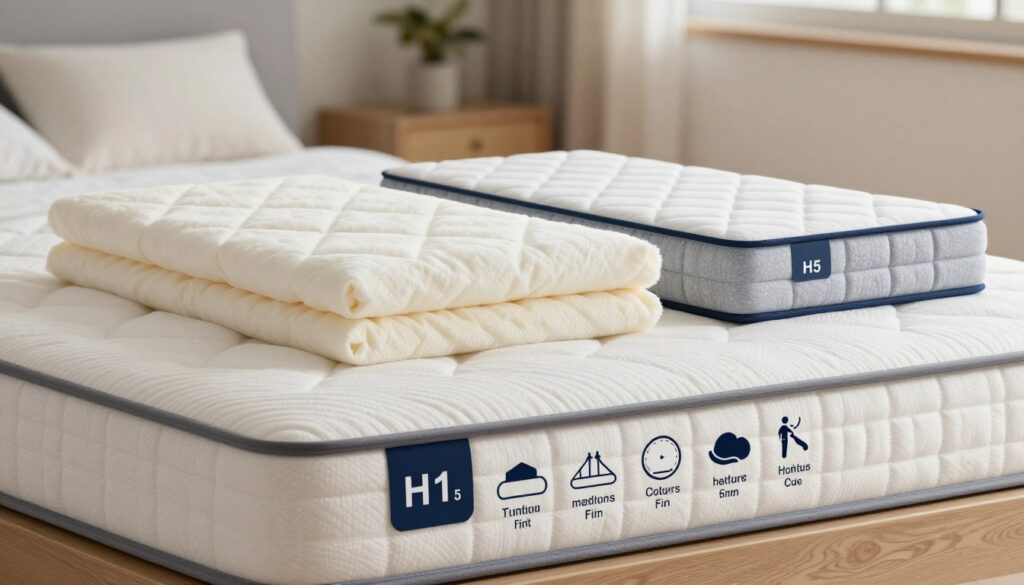 A visually informative illustration showcasing the "H1-H5" mattress hardness scale with detailed symbols and explanatory icons. In the foreground, display a sleek mattress label featuring clear, distinct markings of H1 through H5, each with visual representations of firmness levels (such as soft, medium, and firm). In the middle ground, depict a cross-section of various mattresses demonstrating their differing firmness levels, with a soft, comfortable appearance for H1 and a more rigid look for H5. The background should suggest a cozy bedroom setting with soft lighting that evokes a sense of tranquility and relaxation. Use a slightly elevated angle to provide a comprehensive view, highlighting clarity and detail without any text or overlays present. A visually informative illustration showcasing the "H1-H5" mattress hardness scale with detailed symbols and explanatory icons. In the foreground, display a sleek mattress label featuring clear, distinct markings of H1 through H5, each with visual representations of firmness levels (such as soft, medium, and firm). In the middle ground, depict a cross-section of various mattresses demonstrating their differing firmness levels, with a soft, comfortable appearance for H1 and a more rigid look for H5. The background should suggest a cozy bedroom setting with soft lighting that evokes a sense of tranquility and relaxation. Use a slightly elevated angle to provide a comprehensive view, highlighting clarity and detail without any text or overlays present.