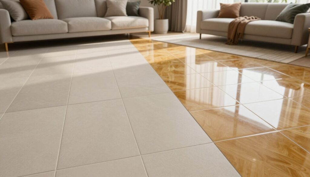 A visually striking comparison of matte and glossy tiles for a living room setting, featuring two distinct sections: one side showcasing elegant matte tiles in soft neutral tones, arranged in a modern pattern, with focused natural lighting highlighting their texture. The opposite side displays vibrant glossy tiles reflecting ambient light, creating a sense of depth and warmth. The background should feature a stylish living room, softly illuminated to enhance the atmosphere, combining contemporary furniture with subtle decor elements to emphasize a cozy yet sophisticated environment. Capture this scene from a slightly elevated angle with a wide lens to convey a comprehensive view, ensuring a clear distinction between the two tile finishes while maintaining a harmonious overall composition. A visually striking comparison of matte and glossy tiles for a living room setting, featuring two distinct sections: one side showcasing elegant matte tiles in soft neutral tones, arranged in a modern pattern, with focused natural lighting highlighting their texture. The opposite side displays vibrant glossy tiles reflecting ambient light, creating a sense of depth and warmth. The background should feature a stylish living room, softly illuminated to enhance the atmosphere, combining contemporary furniture with subtle decor elements to emphasize a cozy yet sophisticated environment. Capture this scene from a slightly elevated angle with a wide lens to convey a comprehensive view, ensuring a clear distinction between the two tile finishes while maintaining a harmonious overall composition.