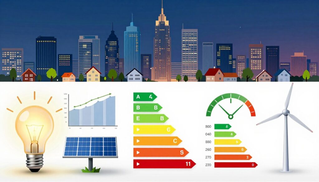 A visually striking infographic representation of energy demand, featuring a vibrant city skyline in the background with skyscrapers and homes, symbolizing various energy needs. In the foreground, detailed energy efficiency icons like light bulbs, solar panels, and wind turbines are arranged artistically. The middle layer displays colorful charts and gauges illustrating key energy indicators such as energy consumption, efficiency ratings, and carbon footprint, all in a sleek, modern design. Soft ambient lighting enhances the clarity of the charts while creating a professional atmosphere. The scene conveys a sense of urgency and importance surrounding energy management and efficiency, promoting awareness and understanding of energy consumption metrics. A visually striking infographic representation of energy demand, featuring a vibrant city skyline in the background with skyscrapers and homes, symbolizing various energy needs. In the foreground, detailed energy efficiency icons like light bulbs, solar panels, and wind turbines are arranged artistically. The middle layer displays colorful charts and gauges illustrating key energy indicators such as energy consumption, efficiency ratings, and carbon footprint, all in a sleek, modern design. Soft ambient lighting enhances the clarity of the charts while creating a professional atmosphere. The scene conveys a sense of urgency and importance surrounding energy management and efficiency, promoting awareness and understanding of energy consumption metrics.