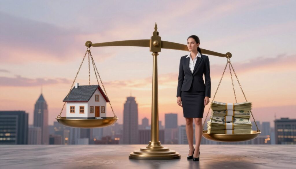 A visually striking representation of financial leverage in real estate. In the foreground, a confident businesswoman in a professional suit stands beside a large scale, balancing a house on one side and a stack of cash on the other, symbolizing the dilemma of paying in cash versus leveraging. In the middle ground, a city skyline with various properties showcases real estate opportunities. The background features soft pastel colors of an evening sky, casting a warm glow, creating a reflective and thoughtful mood. The lighting highlights the scale and the central figures, with a shallow depth of field focusing on the scale while gently blurring the background. The overall atmosphere conveys the complexities of financial decisions in real estate investment.