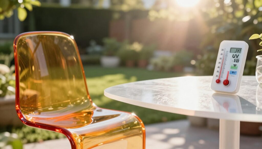 A visually stunning representation of humidity, temperature, and UV rays affecting acrylic and lacquered furniture. In the foreground, showcase a close-up of two furniture pieces: one glossy lacquered chair reflecting sunlight with vibrant colors, and one matte acrylic table displaying subtle texture changes under humidity. In the middle ground, illustrate a thermometer showing high temperatures, alongside a UV index display. The background features a sunlight-drenched garden, highlighting the impact of UV rays with soft sun flares. Use natural lighting to enhance the interplay of light and shadow, captured with a shallow depth of field to create a warm and inviting atmosphere, emphasizing the resilience and beauty of the materials in various environmental conditions. A visually stunning representation of humidity, temperature, and UV rays affecting acrylic and lacquered furniture. In the foreground, showcase a close-up of two furniture pieces: one glossy lacquered chair reflecting sunlight with vibrant colors, and one matte acrylic table displaying subtle texture changes under humidity. In the middle ground, illustrate a thermometer showing high temperatures, alongside a UV index display. The background features a sunlight-drenched garden, highlighting the impact of UV rays with soft sun flares. Use natural lighting to enhance the interplay of light and shadow, captured with a shallow depth of field to create a warm and inviting atmosphere, emphasizing the resilience and beauty of the materials in various environmental conditions.