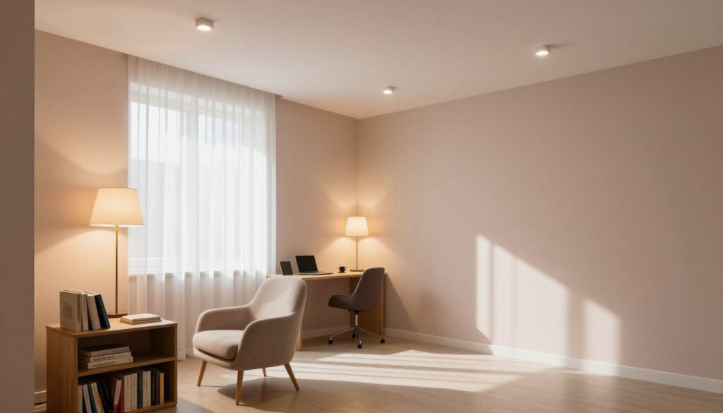A well-designed interior of a room divided into two distinct zones with one area lacking a window yet brilliantly illuminated. In the foreground, a cozy reading nook features a stylish armchair and a small bookshelf filled with books, surrounded by soft light emanating from smart LED fixtures integrated into the ceiling. In the middle ground, a workspace is illuminated by strategically placed floor lamps and wall-mounted sconces, creating a warm, inviting atmosphere. The background reveals a partition that separates the two areas while allowing light to flow through translucent materials. Soft shadows dance on muted pastel walls, enhancing the feeling of spaciousness. The overall mood is serene and encouraging productivity, emphasizing clever lighting techniques that simulate natural light. A well-designed interior of a room divided into two distinct zones with one area lacking a window yet brilliantly illuminated. In the foreground, a cozy reading nook features a stylish armchair and a small bookshelf filled with books, surrounded by soft light emanating from smart LED fixtures integrated into the ceiling. In the middle ground, a workspace is illuminated by strategically placed floor lamps and wall-mounted sconces, creating a warm, inviting atmosphere. The background reveals a partition that separates the two areas while allowing light to flow through translucent materials. Soft shadows dance on muted pastel walls, enhancing the feeling of spaciousness. The overall mood is serene and encouraging productivity, emphasizing clever lighting techniques that simulate natural light.