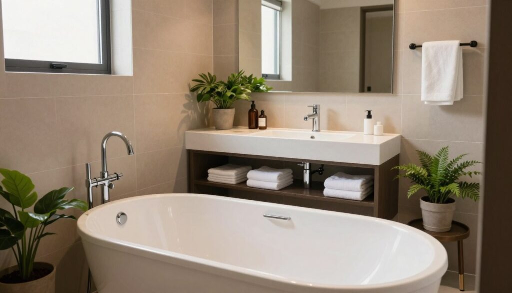 A well-designed small bathroom measuring 3 m² featuring a stylish bathtub. The foreground shows a luxurious freestanding bathtub with elegant chrome fixtures, surrounded by potted plants for a fresh feel. In the middle, include a modern sink and a compact storage unit with neatly arranged towels. The walls are adorned with warm, neutral-colored tiles, reflecting soft lighting that enhances the cozy atmosphere. In the background, a large mirror adds depth and creates the illusion of more space. The scene should evoke a calm and inviting mood, showcasing practical layouts effective for small spaces. The image should have a professional interior design aesthetic, shot from a slightly elevated angle to capture the entire layout, with natural light streaming in through a small window.