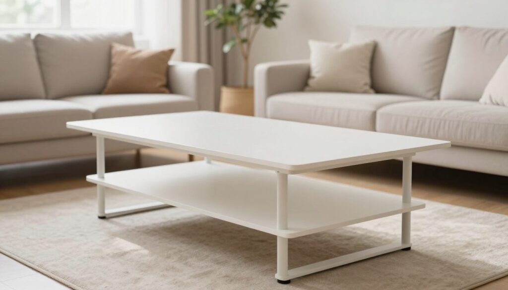 A well-designed white extendable coffee table placed in a bright, modern living room setting, showcasing its stability when fully extended. In the foreground, the coffee table is elegantly spread out, featuring clean lines and a smooth finish, with subtle reflections on the surface. In the middle ground, a cozy sofa adorned with soft cushions and a small decorative plant complements the scene. The background includes large windows allowing natural light to flood the room, enhancing the airy atmosphere. The image captures a warm, inviting mood, emphasizing the functionality and aesthetic appeal of the table. Utilize a soft-focus lens effect to create a calming ambiance, while maintaining sharp detail on the table's structure. No people or additional elements should distract from the focus on the coffee table. A well-designed white extendable coffee table placed in a bright, modern living room setting, showcasing its stability when fully extended. In the foreground, the coffee table is elegantly spread out, featuring clean lines and a smooth finish, with subtle reflections on the surface. In the middle ground, a cozy sofa adorned with soft cushions and a small decorative plant complements the scene. The background includes large windows allowing natural light to flood the room, enhancing the airy atmosphere. The image captures a warm, inviting mood, emphasizing the functionality and aesthetic appeal of the table. Utilize a soft-focus lens effect to create a calming ambiance, while maintaining sharp detail on the table's structure. No people or additional elements should distract from the focus on the coffee table.