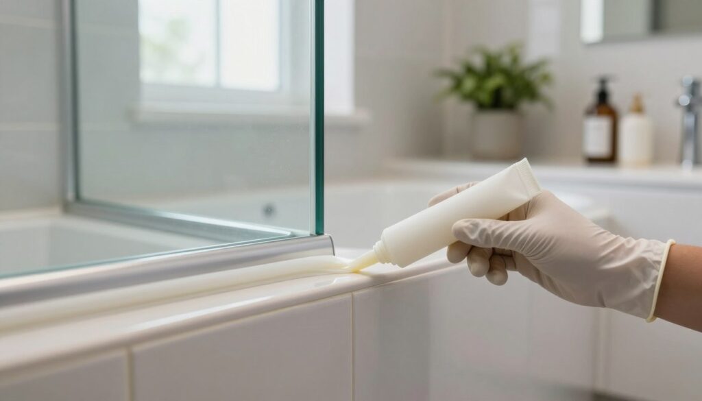 A well-lit bathroom scene focused on the careful application of silicone in a shower cabin. In the foreground, a hand, wearing a clean latex glove, is skillfully applying a smooth line of silicone sealant along the edge of the shower base. The middle ground features the edges of the shower glass and tile, gleaming under soft, diffused natural light coming from a nearby window. The background reveals tasteful bathroom decor, including potted greenery and neatly arranged toiletries, enhancing the fresh and clean atmosphere. The angle of the shot is slightly elevated, capturing the precision of the silicone application, while the mood conveys professionalism and attention to detail in home maintenance.