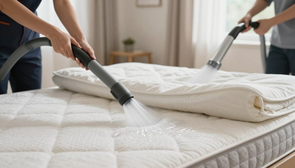 A well-lit, cozy bedroom scene depicting a person in professional attire using a carpet cleaner to deep clean a mattress. In the foreground, focus on the carpet cleaner nozzle, showing water and cleaning solution being applied to the mattress surface. The middle ground features the mattress, slightly lifted to reveal its layers, with light reflecting off the clean fabric. The background should include soft, neutral-toned walls and a window allowing natural light to filter in, creating an inviting atmosphere. The overall mood should convey a sense of cleanliness and efficiency, highlighting the process of deep cleaning a mattress without risk of oversaturation. A well-lit, cozy bedroom scene depicting a person in professional attire using a carpet cleaner to deep clean a mattress. In the foreground, focus on the carpet cleaner nozzle, showing water and cleaning solution being applied to the mattress surface. The middle ground features the mattress, slightly lifted to reveal its layers, with light reflecting off the clean fabric. The background should include soft, neutral-toned walls and a window allowing natural light to filter in, creating an inviting atmosphere. The overall mood should convey a sense of cleanliness and efficiency, highlighting the process of deep cleaning a mattress without risk of oversaturation.