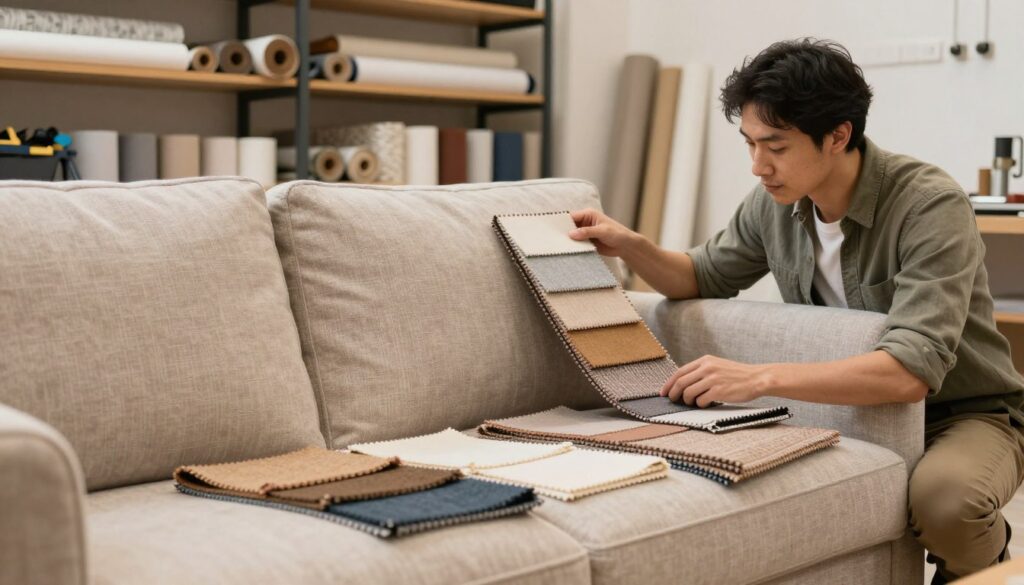 A well-lit interior scene showcasing a cozy living room with a partially upholstered sofa in the foreground, highlighting the fabric’s texture and color options laid out beside it. In the middle ground, a professional upholsterer, dressed in modest casual attire, examines the sofa with fabric samples, emphasizing the decision-making process involved in reupholstery. The background features shelves stocked with tools and rolls of upholstery fabric, creating an atmosphere of craftsmanship and quality. Soft, warm lighting enhances the inviting mood of the room, while a close-up angle captures the details of the upholstery work and the thoughtful expression on the upholsterer's face, conveying the importance of choosing the right materials for cost-effective renovation. A well-lit interior scene showcasing a cozy living room with a partially upholstered sofa in the foreground, highlighting the fabric’s texture and color options laid out beside it. In the middle ground, a professional upholsterer, dressed in modest casual attire, examines the sofa with fabric samples, emphasizing the decision-making process involved in reupholstery. The background features shelves stocked with tools and rolls of upholstery fabric, creating an atmosphere of craftsmanship and quality. Soft, warm lighting enhances the inviting mood of the room, while a close-up angle captures the details of the upholstery work and the thoughtful expression on the upholsterer's face, conveying the importance of choosing the right materials for cost-effective renovation.