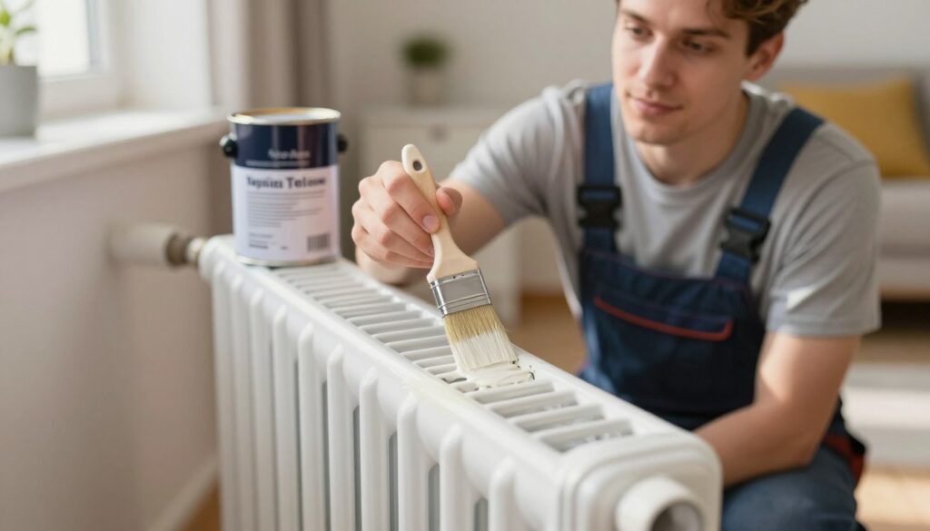 A well-lit interior scene showcasing a person in professional work attire, carefully painting a white radiator with a brush. The foreground features a close-up of the radiator being painted, with smooth brush strokes visible, highlighting the creamy paint's texture. The middle ground captures the painter's focused expression and the paint can beside them, labeled for a special non-yellowing formulation. The background softly blurs into a cozy room setting with warm lighting, emphasizing a comfortable atmosphere. Sunlight filters through a nearby window, creating a serene and inviting feel. The angle is slightly elevated, giving a clear view of the painting action while maintaining a tidy environment, free of clutter. A well-lit interior scene showcasing a person in professional work attire, carefully painting a white radiator with a brush. The foreground features a close-up of the radiator being painted, with smooth brush strokes visible, highlighting the creamy paint's texture. The middle ground captures the painter's focused expression and the paint can beside them, labeled for a special non-yellowing formulation. The background softly blurs into a cozy room setting with warm lighting, emphasizing a comfortable atmosphere. Sunlight filters through a nearby window, creating a serene and inviting feel. The angle is slightly elevated, giving a clear view of the painting action while maintaining a tidy environment, free of clutter.