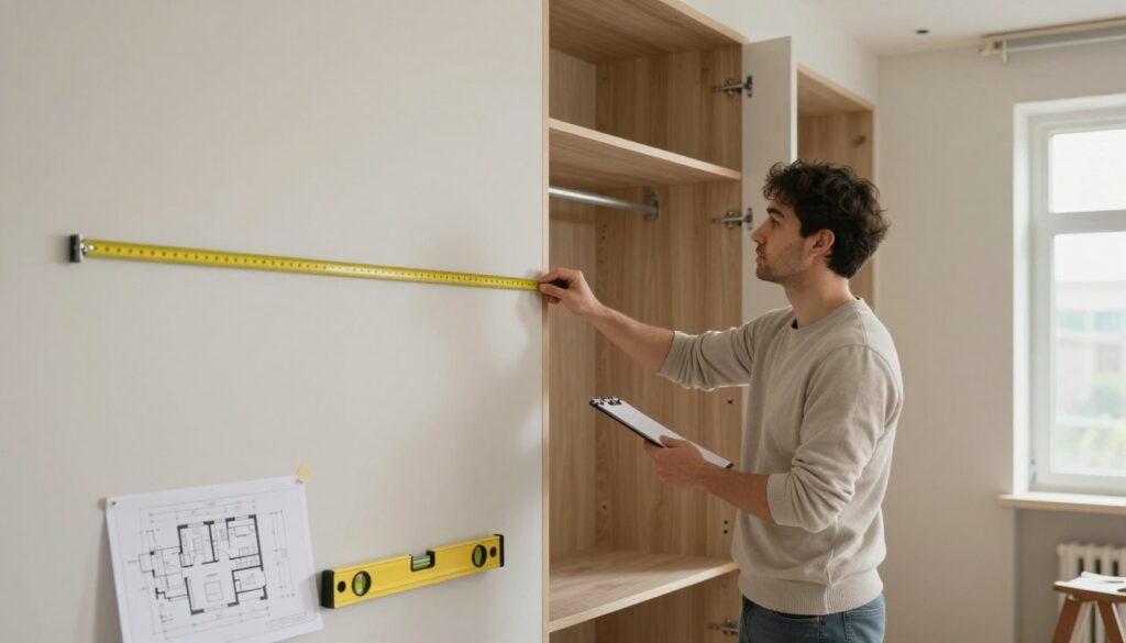 A well-lit interior space showcasing a home renovation project. In the foreground, a measuring tape extends across a wall where a built-in wardrobe will be installed. A neatly annotated floor plan and a level tool are placed beside the tape. The middle section highlights a professional, dressed in modest casual attire, carefully measuring the wall's height and depth with a notepad in hand, demonstrating precision in the measurements. The background features a partially installed wardrobe, with visible wall imperfections and cabinetry elements, emphasizing the importance of accurate measurements to avoid issues like wall distortions. Soft natural light filters through a nearby window, creating a calm and focused atmosphere suitable for home improvement. A well-lit interior space showcasing a home renovation project. In the foreground, a measuring tape extends across a wall where a built-in wardrobe will be installed. A neatly annotated floor plan and a level tool are placed beside the tape. The middle section highlights a professional, dressed in modest casual attire, carefully measuring the wall's height and depth with a notepad in hand, demonstrating precision in the measurements. The background features a partially installed wardrobe, with visible wall imperfections and cabinetry elements, emphasizing the importance of accurate measurements to avoid issues like wall distortions. Soft natural light filters through a nearby window, creating a calm and focused atmosphere suitable for home improvement.