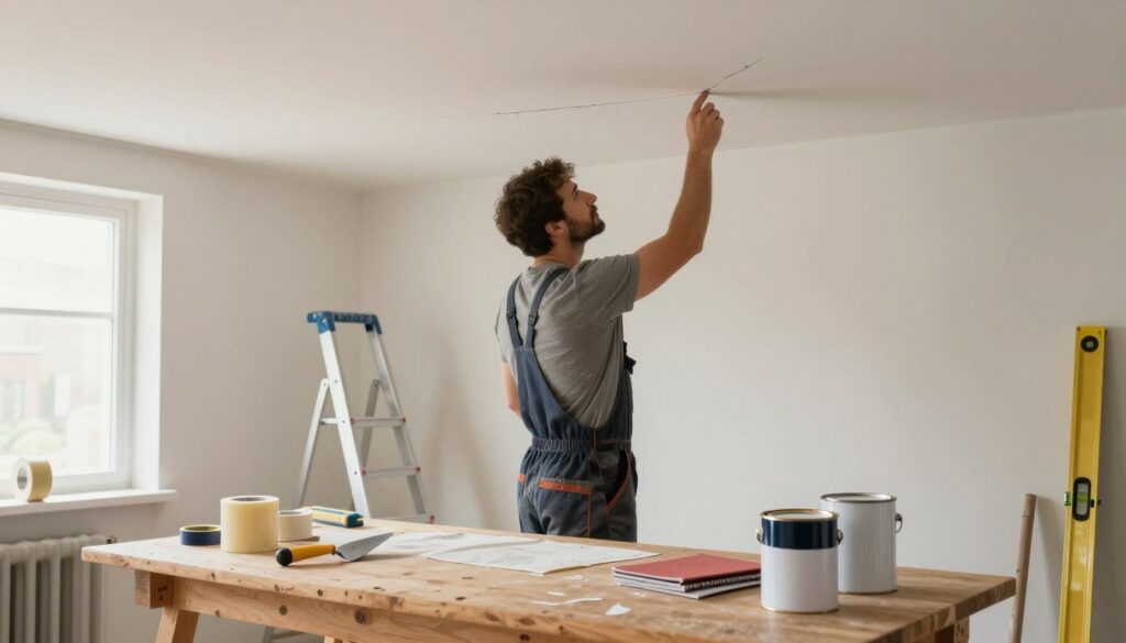 A well-lit, organized workspace featuring essential materials and tools for fixing ceiling cracks. In the foreground, a wooden workbench displays a variety of repair items, including a trowel, spackling paste, sandpaper, and a paint can. In the middle ground, a professional in modest clothing inspects a smooth, repaired ceiling, demonstrating quality workmanship. The background showcases tools like a ladder, a masking tape roll, and a level, creating a sense of preparation and professionalism. Soft, natural light filters through a nearby window, illuminating the scene and enhancing the ambiance of diligence and expertise. The overall mood conveys a sense of confidence and readiness for effective home repair.