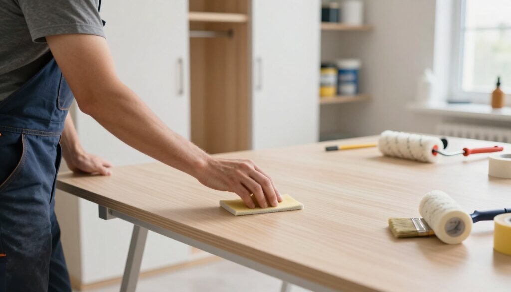 A well-lit, organized workspace showcasing the preparation of a sliding wardrobe surface for painting or covering. In the foreground, a professional in modest casual clothing carefully sands the wardrobe’s wooden surface with fine-grit sandpaper, highlighting the focus on surface smoothness. The middle ground features the wardrobe itself with its sleek sliding doors partially open, revealing a clean interior. Light streams from a nearby window, creating a bright and inviting atmosphere, emphasizing the transformation process. Tools like a paintbrush, roller, and masking tape are neatly arranged on a workspace table to the side. The background contains soft-focused shelves stocked with painting supplies, adding depth but keeping the focus on the wardrobe preparation. The overall mood is practical and inspiring, capturing the essence of home renovation. A well-lit, organized workspace showcasing the preparation of a sliding wardrobe surface for painting or covering. In the foreground, a professional in modest casual clothing carefully sands the wardrobe’s wooden surface with fine-grit sandpaper, highlighting the focus on surface smoothness. The middle ground features the wardrobe itself with its sleek sliding doors partially open, revealing a clean interior. Light streams from a nearby window, creating a bright and inviting atmosphere, emphasizing the transformation process. Tools like a paintbrush, roller, and masking tape are neatly arranged on a workspace table to the side. The background contains soft-focused shelves stocked with painting supplies, adding depth but keeping the focus on the wardrobe preparation. The overall mood is practical and inspiring, capturing the essence of home renovation.