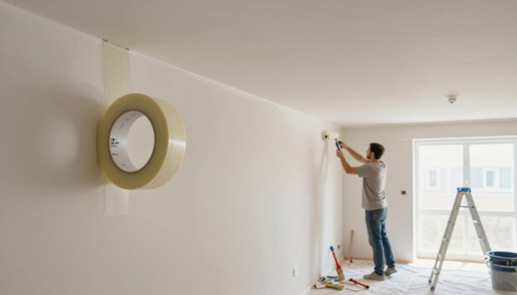 A well-lit room with a focus on a ceiling in preparation for painting. In the foreground, a roll of painter's tape is being applied along the edges where the ceiling meets the walls, ensuring precision. In the middle ground, a professional painter in modest casual clothing is using a drop cloth to protect the floor, showcasing a variety of tools including a paintbrush, roller, and ladder. The background features a bright, neutral color palette, with soft, diffused natural light streaming in through a window, creating an inviting atmosphere. The scene captures the meticulous process of preparing the ceiling surface, highlighting cleanliness and attention to detail.
