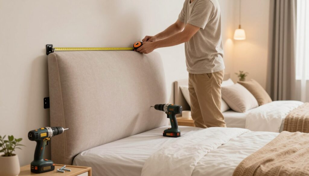A well-lit, step-by-step visual guide on mounting a headboard to a wall, showcasing the process in a cozy bedroom setting. In the foreground, a modern headboard with upholstery and a wall-mounting bracket, accompanied by essential tools like a drill and screws. The middle layer features a person in modest casual clothing carefully aligning the headboard to the wall, ensuring it’s at the right height, with a tape measure in hand. The background includes a neatly made bed with soft sheets and pillows, and warm ambient lighting creates an inviting atmosphere. The composition captures a sense of professionalism and focus, aimed at illustrating a practical DIY project effectively. A well-lit, step-by-step visual guide on mounting a headboard to a wall, showcasing the process in a cozy bedroom setting. In the foreground, a modern headboard with upholstery and a wall-mounting bracket, accompanied by essential tools like a drill and screws. The middle layer features a person in modest casual clothing carefully aligning the headboard to the wall, ensuring it’s at the right height, with a tape measure in hand. The background includes a neatly made bed with soft sheets and pillows, and warm ambient lighting creates an inviting atmosphere. The composition captures a sense of professionalism and focus, aimed at illustrating a practical DIY project effectively.