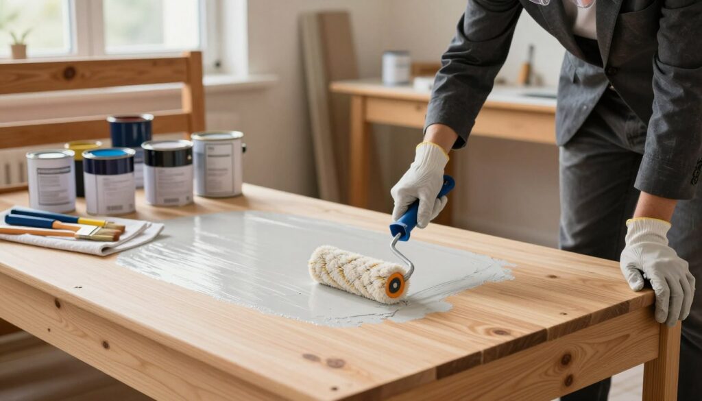 A well-lit workshop scene featuring a wooden bed being safely painted. In the foreground, a person wearing professional business attire is applying a thick coat of non-toxic, eco-friendly paint using a roller, showcasing careful technique. The person wears safety goggles and gloves, emphasizing safety precautions. In the middle ground, various painting supplies such as cans of paint, brushes, and a drop cloth are neatly arranged, illustrating an organized space. The background reveals a warm, cozy workshop environment with natural light streaming through a window, highlighting the wooden textures and colors of the bed. The atmosphere conveys a sense of tranquility and focus on safety and cleanliness while working on home improvement. A well-lit workshop scene featuring a wooden bed being safely painted. In the foreground, a person wearing professional business attire is applying a thick coat of non-toxic, eco-friendly paint using a roller, showcasing careful technique. The person wears safety goggles and gloves, emphasizing safety precautions. In the middle ground, various painting supplies such as cans of paint, brushes, and a drop cloth are neatly arranged, illustrating an organized space. The background reveals a warm, cozy workshop environment with natural light streaming through a window, highlighting the wooden textures and colors of the bed. The atmosphere conveys a sense of tranquility and focus on safety and cleanliness while working on home improvement.