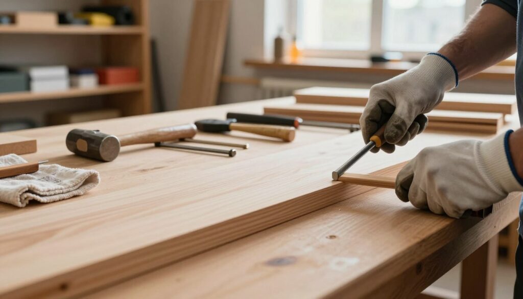 A well-lit workshop scene featuring a wooden furniture piece with a prominent wooden dowel partially extracted. In the foreground, a pair of hands, wearing protective gloves, carefully manipulate a dowel puller tool to remove the dowel without damaging the surrounding wood or veneer. The middle section shows various woodworking tools neatly arranged, including a small hammer, pry bar, and a cloth to protect the surface. The background includes shelves filled with woodworking supplies and a soft glowing light streaming through a window, creating a warm and inviting atmosphere. The focus is on precision and care, emphasizing the technique for safely extracting the dowel. No people are visible, ensuring a clear view of the process. A well-lit workshop scene featuring a wooden furniture piece with a prominent wooden dowel partially extracted. In the foreground, a pair of hands, wearing protective gloves, carefully manipulate a dowel puller tool to remove the dowel without damaging the surrounding wood or veneer. The middle section shows various woodworking tools neatly arranged, including a small hammer, pry bar, and a cloth to protect the surface. The background includes shelves filled with woodworking supplies and a soft glowing light streaming through a window, creating a warm and inviting atmosphere. The focus is on precision and care, emphasizing the technique for safely extracting the dowel. No people are visible, ensuring a clear view of the process.
