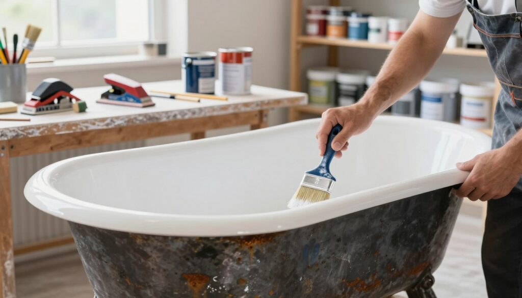 A well-lit workshop scene focused on a cast iron bathtub being prepared for refinishing. In the foreground, a worker in a modest casual outfit is applying primer to the surface of the bathtub with a brush, showcasing careful attention to detail. The bathtub is central, displaying areas of rust and wear, emphasizing the need for preparation before painting. In the middle ground, tools such as sanders, paint cans, and brushes are neatly arranged on a worktable, adding context to the refinishing process. The background features shelves stocked with paint supplies, enhancing the workshop atmosphere. Bright, natural lighting cascades through a window, creating a clean and professional mood, perfect for illustrating the preparation process for enamel and paint application.