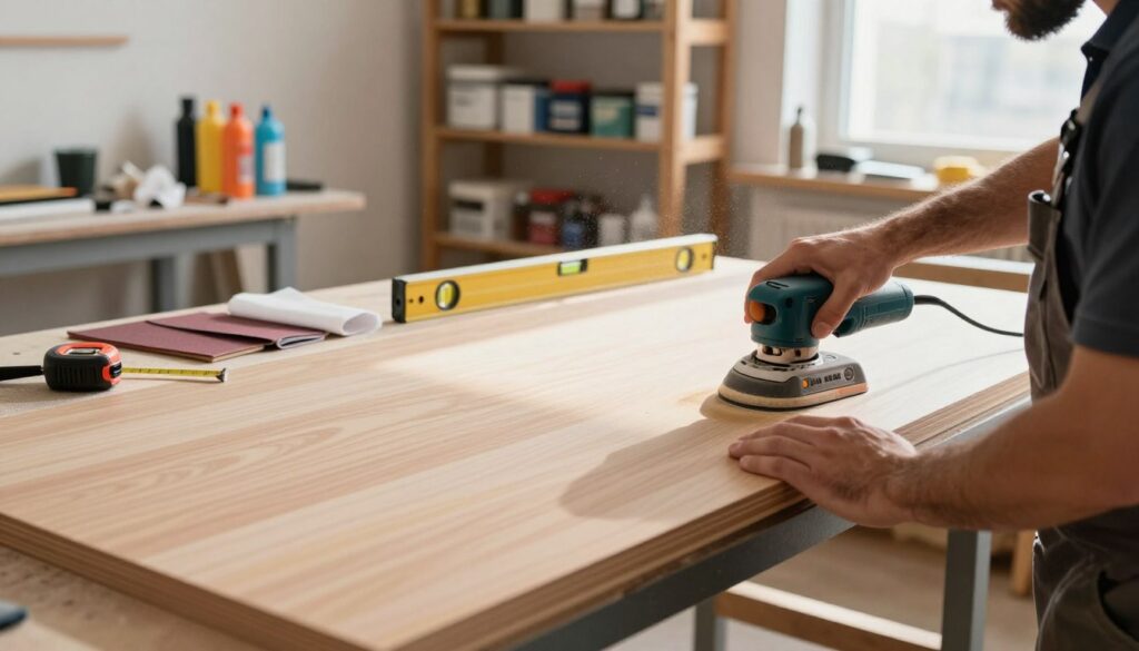 A well-lit workshop scene focusing on the preparation of a sliding wardrobe front. In the foreground, a skilled worker dressed in professional attire is carefully sanding the surface of a large wooden panel using an electric sander, creating fine dust particles visible in the air. In the middle of the image, various tools like sandpaper, a measuring tape, and a level are neatly arranged on a workbench, showcasing an organized workspace. The background features shelves stocked with paint, adhesives, and other materials, while natural light streams in through a window, casting soft shadows that enhance the atmosphere of productivity and craftsmanship. The overall mood is focused and industrious, highlighting the meticulous process of surface preparation for optimal adhesion. A well-lit workshop scene focusing on the preparation of a sliding wardrobe front. In the foreground, a skilled worker dressed in professional attire is carefully sanding the surface of a large wooden panel using an electric sander, creating fine dust particles visible in the air. In the middle of the image, various tools like sandpaper, a measuring tape, and a level are neatly arranged on a workbench, showcasing an organized workspace. The background features shelves stocked with paint, adhesives, and other materials, while natural light streams in through a window, casting soft shadows that enhance the atmosphere of productivity and craftsmanship. The overall mood is focused and industrious, highlighting the meticulous process of surface preparation for optimal adhesion.