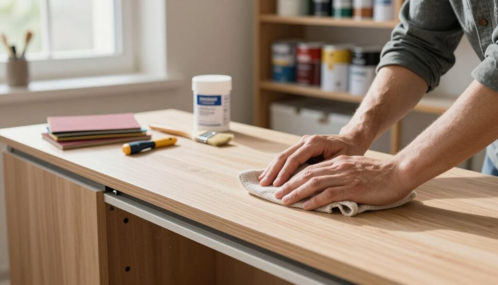 A well-lit workshop setting featuring a close-up of hands preparing a sliding wardrobe surface for renovation. In the foreground, a professional wearing modest casual clothing cleans a wooden surface with a cloth, showcasing dust particles in the sunlight. In the middle ground, tools for renovation such as sandpaper, paint primer, and brushes are neatly arranged, with some scuffs on the wardrobe front indicating the rejuvenation process. In the background, shelves filled with paint cans and wood finishes add color and texture to the scene. Soft, diffused natural light filters through a nearby window, creating a warm and inviting atmosphere, emphasizing the craftsmanship and care involved in the preparation process.