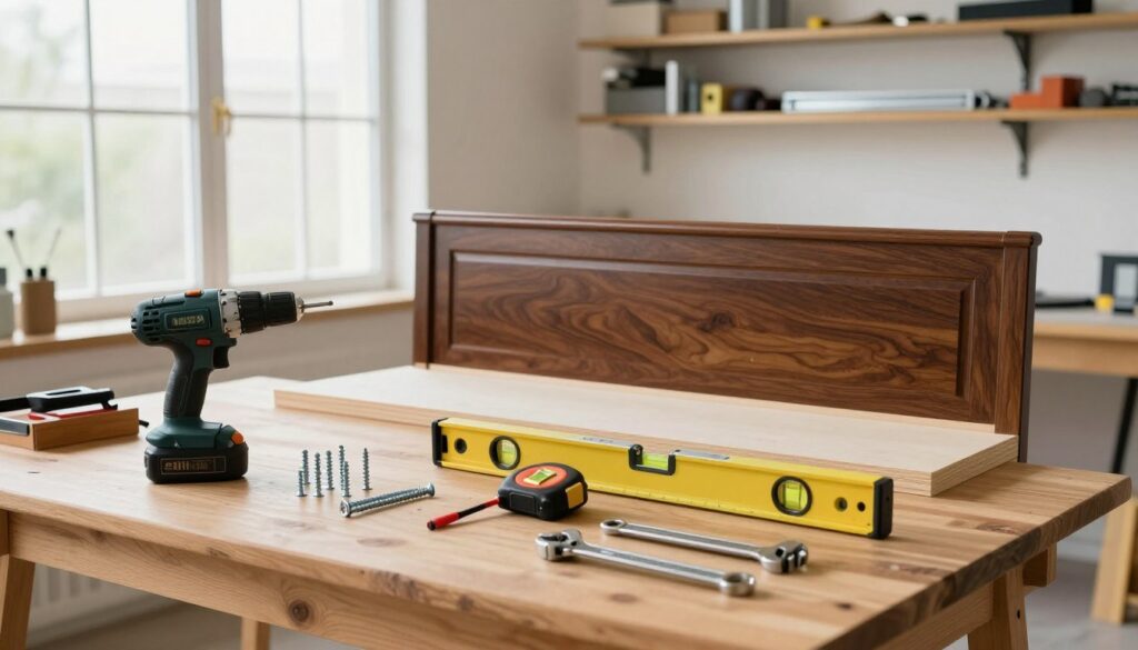 A well-lit workspace showcasing essential tools and materials for mounting a headboard. In the foreground, a sturdy wooden workbench displays various tools: a cordless drill, screws, a tape measure, a level, and an adjustable wrench, all arranged neatly. The middle ground features a partially assembled headboard resting against the wall, highlighting its polished finish and elegant design. In the background, there are shelves stocked with additional hardware and a large window allowing natural light to flood the scene, creating a bright and inviting atmosphere. The angle captures a sense of organization and readiness, evoking a professional and practical mood, perfect for a DIY project. A well-lit workspace showcasing essential tools and materials for mounting a headboard. In the foreground, a sturdy wooden workbench displays various tools: a cordless drill, screws, a tape measure, a level, and an adjustable wrench, all arranged neatly. The middle ground features a partially assembled headboard resting against the wall, highlighting its polished finish and elegant design. In the background, there are shelves stocked with additional hardware and a large window allowing natural light to flood the scene, creating a bright and inviting atmosphere. The angle captures a sense of organization and readiness, evoking a professional and practical mood, perfect for a DIY project.