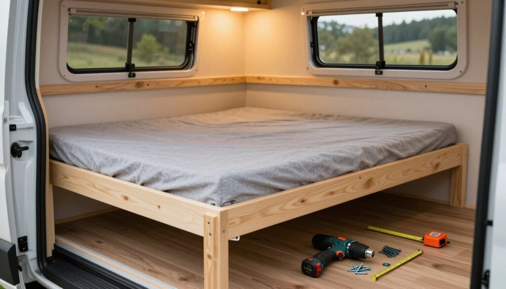 A well-organized and inviting camper bed setup, with lightweight, foldable materials displayed prominently. In the foreground, showcase a beautiful wooden frame made from lightweight plywood, with a cushioned mattress that is both stylish and practical. Next to it, include a toolkit with essentials like a drill, screws, and measuring tape arranged neatly, hinting at the assembly process. In the middle ground, depict a cozy camper interior, with warm lighting casting a soft glow over the space, emphasizing the comfort and functionality of the bed design. In the background, show a window with a scenic view of nature outside, adding tranquility to the atmosphere. The overall mood should be practical yet inviting, perfect for a thoughtful DIY project in a camper van. A well-organized and inviting camper bed setup, with lightweight, foldable materials displayed prominently. In the foreground, showcase a beautiful wooden frame made from lightweight plywood, with a cushioned mattress that is both stylish and practical. Next to it, include a toolkit with essentials like a drill, screws, and measuring tape arranged neatly, hinting at the assembly process. In the middle ground, depict a cozy camper interior, with warm lighting casting a soft glow over the space, emphasizing the comfort and functionality of the bed design. In the background, show a window with a scenic view of nature outside, adding tranquility to the atmosphere. The overall mood should be practical yet inviting, perfect for a thoughtful DIY project in a camper van.