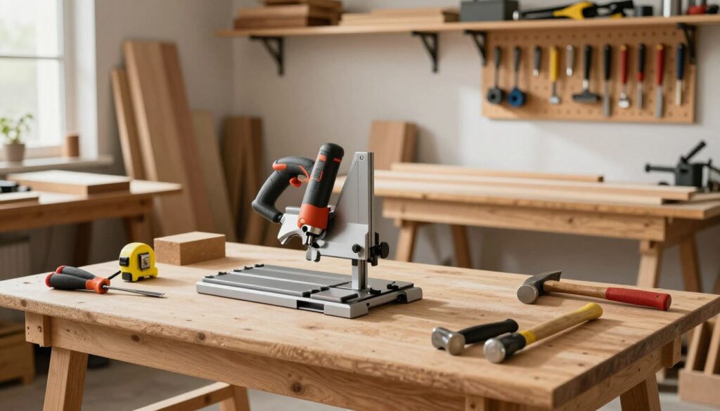 A well-organized woodworking workspace featuring essential tools arranged on a sturdy workbench. In the foreground, a high-quality miter saw, tape measure, and a selection of hand tools like chisels and a hammer are neatly displayed. The middle ground includes a sawhorse holding a piece of timber, with a dust collection system in action. In the background, shelves filled with various wood types and a pegboard adorned with hanging tools add depth. Soft, natural light filters in through a window, casting gentle shadows, creating an inviting and focused atmosphere. The image emphasizes precision and safety, showcasing the tools in a professional manner, with no people present. The composition is clear and functional, ideal for illustrating a detailed setting for woodworking projects. A well-organized woodworking workspace featuring essential tools arranged on a sturdy workbench. In the foreground, a high-quality miter saw, tape measure, and a selection of hand tools like chisels and a hammer are neatly displayed. The middle ground includes a sawhorse holding a piece of timber, with a dust collection system in action. In the background, shelves filled with various wood types and a pegboard adorned with hanging tools add depth. Soft, natural light filters in through a window, casting gentle shadows, creating an inviting and focused atmosphere. The image emphasizes precision and safety, showcasing the tools in a professional manner, with no people present. The composition is clear and functional, ideal for illustrating a detailed setting for woodworking projects.