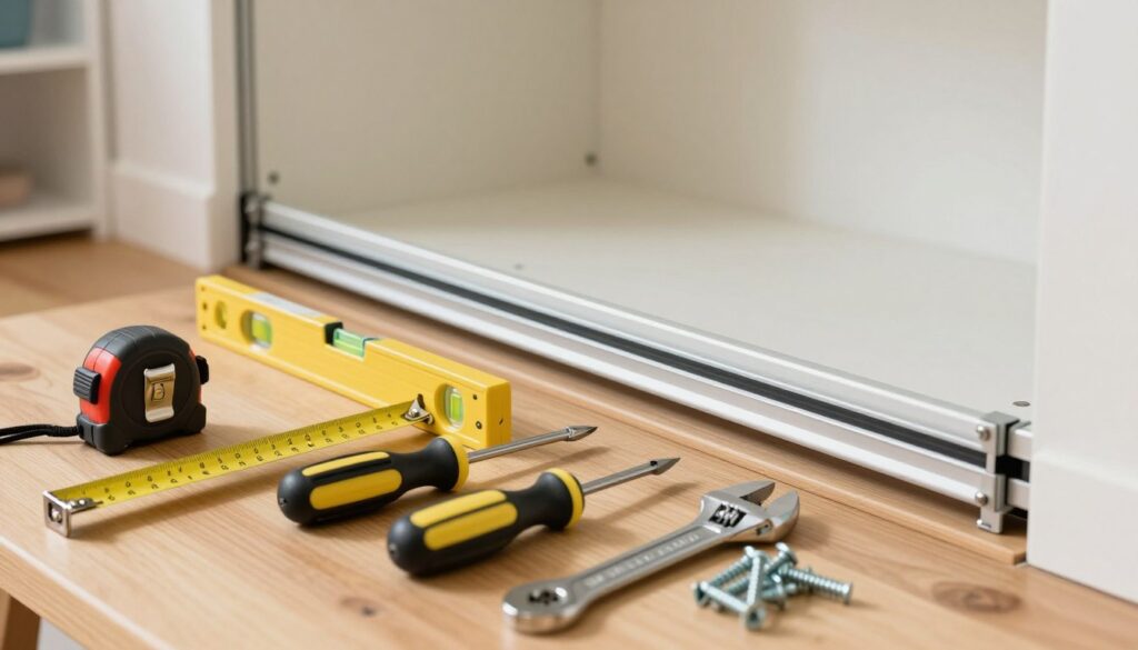 A well-organized workspace featuring essential tools for adjusting sliding closet doors. In the foreground, display a tape measure, a level, a Phillips screwdriver, an adjustable wrench, and a set of screws, all neatly arranged on a wooden workbench. The middle ground should depict a partially open sliding closet door, showcasing its track, with soft, natural lighting highlighting the shiny metal components. In the background, there’s a clean, well-lit room with light-colored walls and a hint of shelving, giving a sense of depth. Capture a practical and focused atmosphere, suggesting preparation for a DIY project. Aim for a close-up angle that emphasizes the tools and the sliding door setup, ensuring clarity and detail in the entire composition. A well-organized workspace featuring essential tools for adjusting sliding closet doors. In the foreground, display a tape measure, a level, a Phillips screwdriver, an adjustable wrench, and a set of screws, all neatly arranged on a wooden workbench. The middle ground should depict a partially open sliding closet door, showcasing its track, with soft, natural lighting highlighting the shiny metal components. In the background, there’s a clean, well-lit room with light-colored walls and a hint of shelving, giving a sense of depth. Capture a practical and focused atmosphere, suggesting preparation for a DIY project. Aim for a close-up angle that emphasizes the tools and the sliding door setup, ensuring clarity and detail in the entire composition.