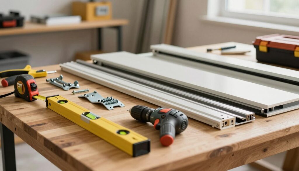 A well-organized workspace featuring tools for installing sliding doors. In the foreground, display a variety of essential tools, including a tape measure, level, drill, screws, and brackets, neatly arranged on a wooden workbench. The middle ground should include partially assembled sliding door components such as panels and tracks, emphasizing the installation process. In the background, softly blurred, there are shelves with additional hardware and a toolbox. Use warm, natural lighting to create an inviting atmosphere, with a slight focus on the tools, creating depth of field. Capture the scene from a slightly elevated angle to showcase the layout, enhancing the feel of an active work environment, suggesting professionalism and readiness for a project. A well-organized workspace featuring tools for installing sliding doors. In the foreground, display a variety of essential tools, including a tape measure, level, drill, screws, and brackets, neatly arranged on a wooden workbench. The middle ground should include partially assembled sliding door components such as panels and tracks, emphasizing the installation process. In the background, softly blurred, there are shelves with additional hardware and a toolbox. Use warm, natural lighting to create an inviting atmosphere, with a slight focus on the tools, creating depth of field. Capture the scene from a slightly elevated angle to showcase the layout, enhancing the feel of an active work environment, suggesting professionalism and readiness for a project.