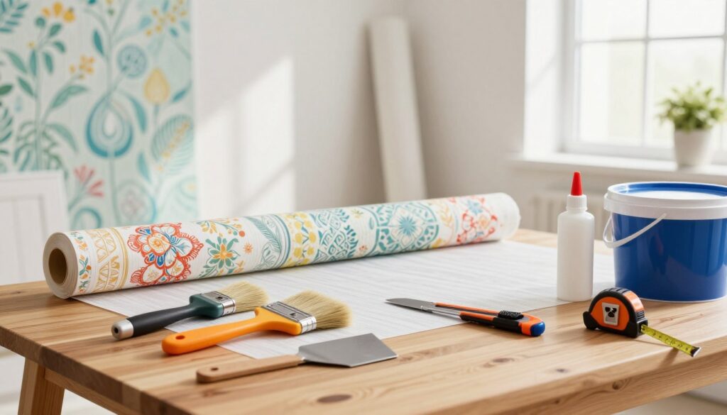 A well-organized workspace featuring various wallpaper installation tools prominently displayed on a wooden table as the foreground. The tools include a wallpaper brush, a smoothing tool, a utility knife, a measuring tape, and a bucket of adhesive. In the middle ground, a partially hung roll of wallpaper shows intricate patterns with vibrant colors, aligned perfectly against a wall. The background should be a bright, well-lit room, with natural sunlight streaming through a window, enhancing a clean and professional atmosphere. The composition conveys a sense of precision and readiness, focusing on the essential tools that contribute to a flawless wallpaper application, with a shallow depth of field to keep the focus on the tools and wallpaper. A well-organized workspace featuring various wallpaper installation tools prominently displayed on a wooden table as the foreground. The tools include a wallpaper brush, a smoothing tool, a utility knife, a measuring tape, and a bucket of adhesive. In the middle ground, a partially hung roll of wallpaper shows intricate patterns with vibrant colors, aligned perfectly against a wall. The background should be a bright, well-lit room, with natural sunlight streaming through a window, enhancing a clean and professional atmosphere. The composition conveys a sense of precision and readiness, focusing on the essential tools that contribute to a flawless wallpaper application, with a shallow depth of field to keep the focus on the tools and wallpaper.