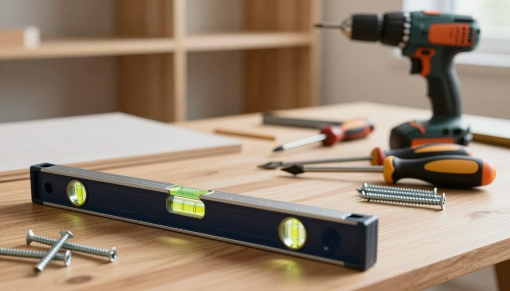 A well-organized workspace focused on essential tools for assembling a built-in wardrobe, including a level, screwdriver, drill, and various screws laid out neatly on a wooden surface. In the foreground, the level displays a perfect bubble, emphasizing precision. The middle ground features the tools' handles gleaming in soft, natural light, highlighting their metallic and wooden textures. In the background, the soft blur of partially constructed wardrobe elements like panels and shelves conveys a sense of progress and focus. The atmosphere is calm and industrious, with a warm and inviting feel, suggesting a successful installation process. Maintain a balanced composition with clear details and lighting that enhances the functionality of the tools. A well-organized workspace focused on essential tools for assembling a built-in wardrobe, including a level, screwdriver, drill, and various screws laid out neatly on a wooden surface. In the foreground, the level displays a perfect bubble, emphasizing precision. The middle ground features the tools' handles gleaming in soft, natural light, highlighting their metallic and wooden textures. In the background, the soft blur of partially constructed wardrobe elements like panels and shelves conveys a sense of progress and focus. The atmosphere is calm and industrious, with a warm and inviting feel, suggesting a successful installation process. Maintain a balanced composition with clear details and lighting that enhances the functionality of the tools.