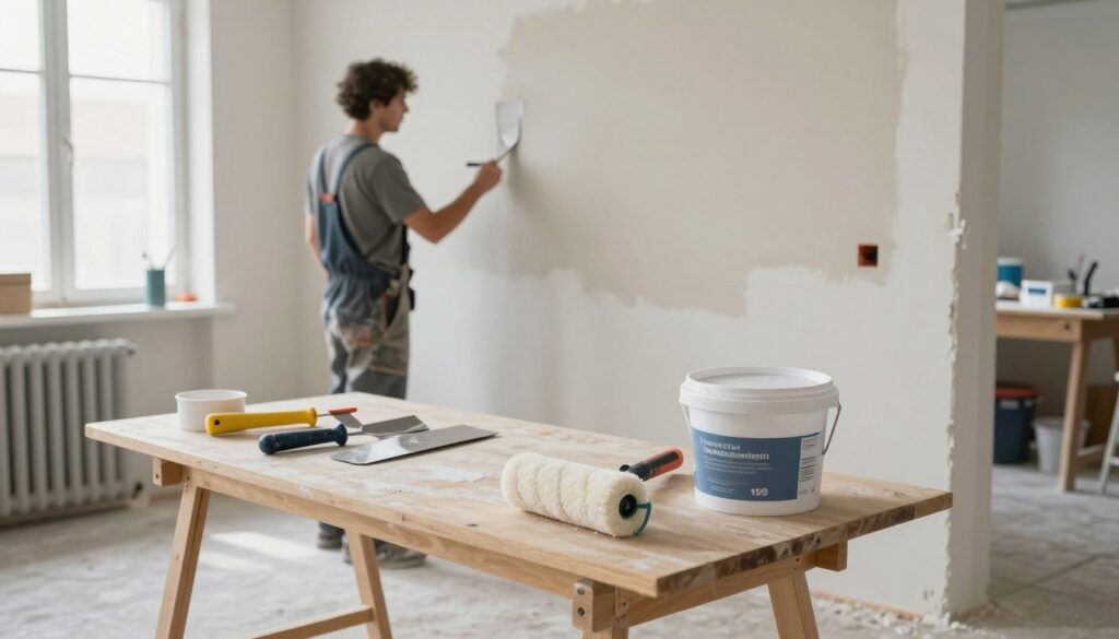A well-organized workspace focused on preparing a wall surface for plastering. In the foreground, a clean, sturdy workbench with various tools like a putty knife, a roller, and a bucket of primer. In the middle ground, a partially prepared wall, showcasing patches being filled and sanded, with a person in modest work attire diligently applying a primer for optimal adhesion. The background features a well-lit room with natural light filtering through a window, revealing dust-free floor and organized supplies. The atmosphere is methodical and focused, emphasizing cleanliness and precision essential for a successful plaster application. Soft, diffused lighting enhances the scene, conveying a sense of calm professionalism. A well-organized workspace focused on preparing a wall surface for plastering. In the foreground, a clean, sturdy workbench with various tools like a putty knife, a roller, and a bucket of primer. In the middle ground, a partially prepared wall, showcasing patches being filled and sanded, with a person in modest work attire diligently applying a primer for optimal adhesion. The background features a well-lit room with natural light filtering through a window, revealing dust-free floor and organized supplies. The atmosphere is methodical and focused, emphasizing cleanliness and precision essential for a successful plaster application. Soft, diffused lighting enhances the scene, conveying a sense of calm professionalism.